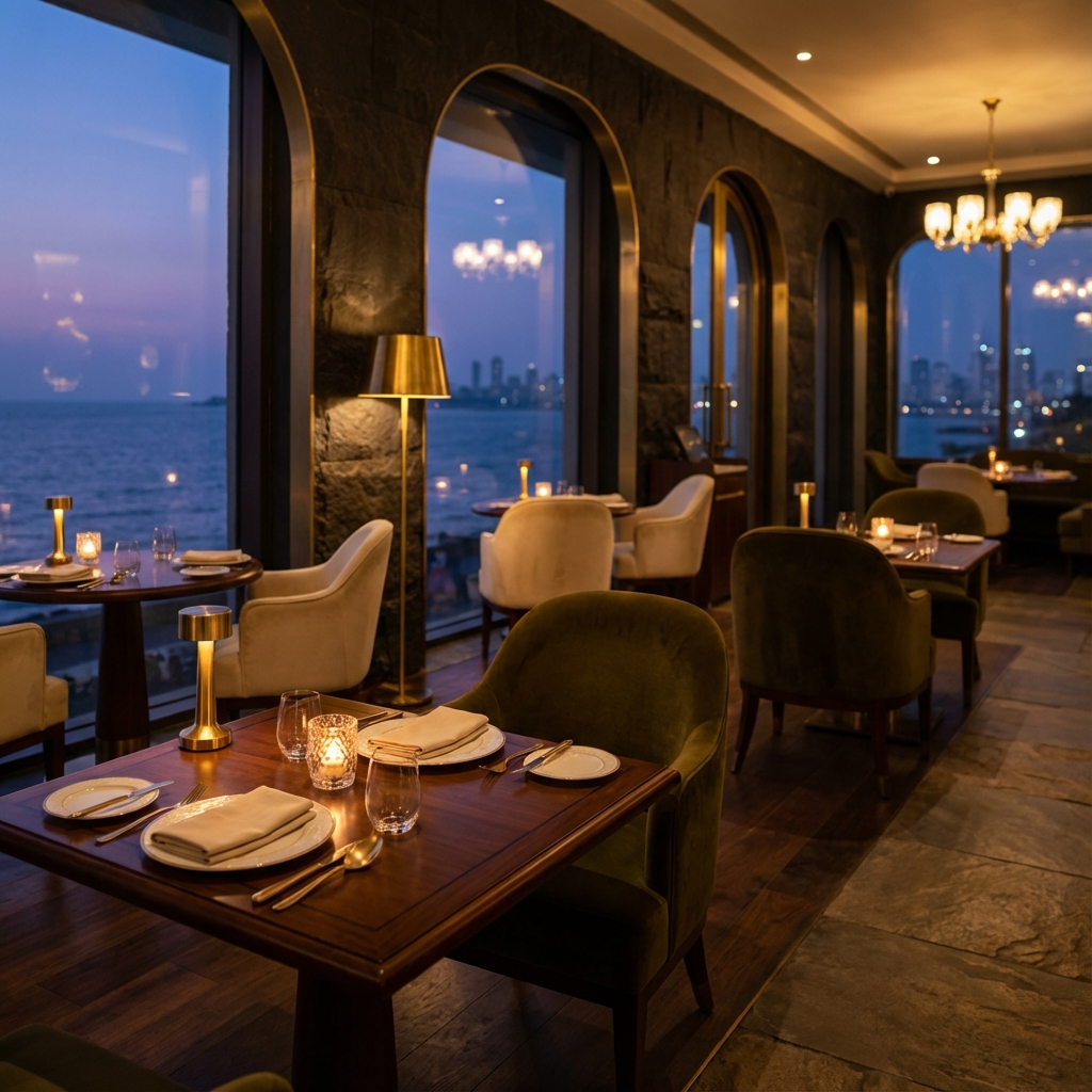 Luxury restaurant interior with warm golden lighting